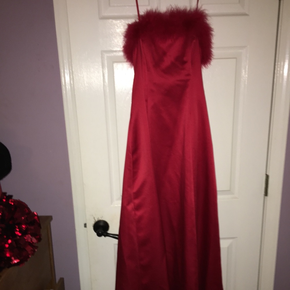 Red fur formal dress
